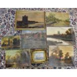 A collection of six unframed oils on canvas to include a landscape with stately home and duck