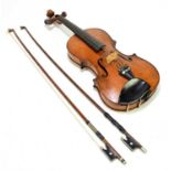 A three quarter size German 'conservatory' violin, Stradivarius copy, with two-piece back, length
