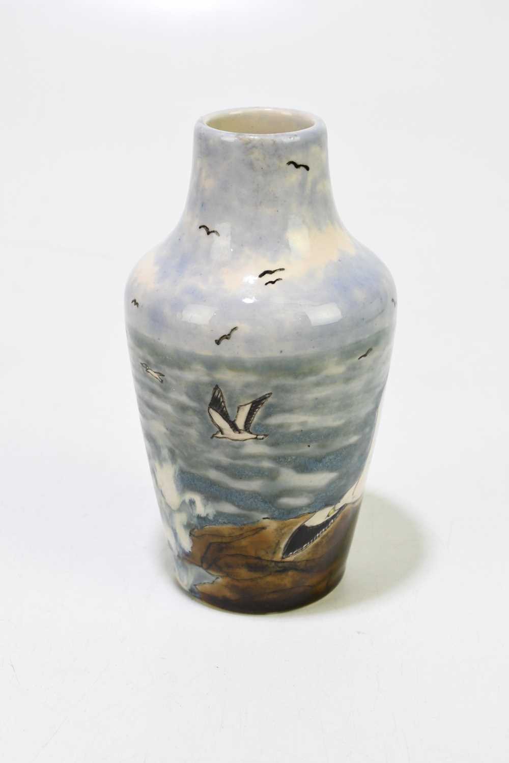 COBRIDGE STONEWARE; a vase with inverted neck decorated with trawlers and seagulls, height 17cm. - Image 3 of 6