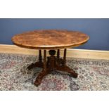 A Victorian walnut oval loo table, height 72cm, width 129cm, depth 97cm.