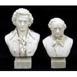 ROBINSON & LEADBEATER; two Parianware busts representing Mozart and Mendelssohn, height of Mozart
