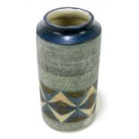 SIMONE KILBURN FOR TROIKA POTTERY; a cylinder vase with glazed rim with a single band of geometric