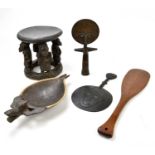 A group of tribal and ethnic art including a figural stool, two Luba type stylised figures, a
