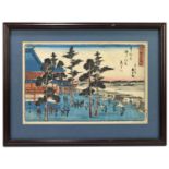 A Japanese watercolour, depicting village scene, signed top right, 35 x 23cm, framed and glazed.