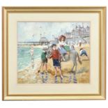 † TOM DURKIN (1928-1990); oil on canvas, beach scene with children riding a donkey, signed lower