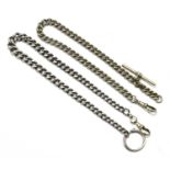 A hallmarked silver watch chain, length 35cm, together with a further white metal example, length