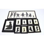 KITSON-CLARKE; eight 19th century silhouettes including two bronze sihouettes, in ebonised frame,