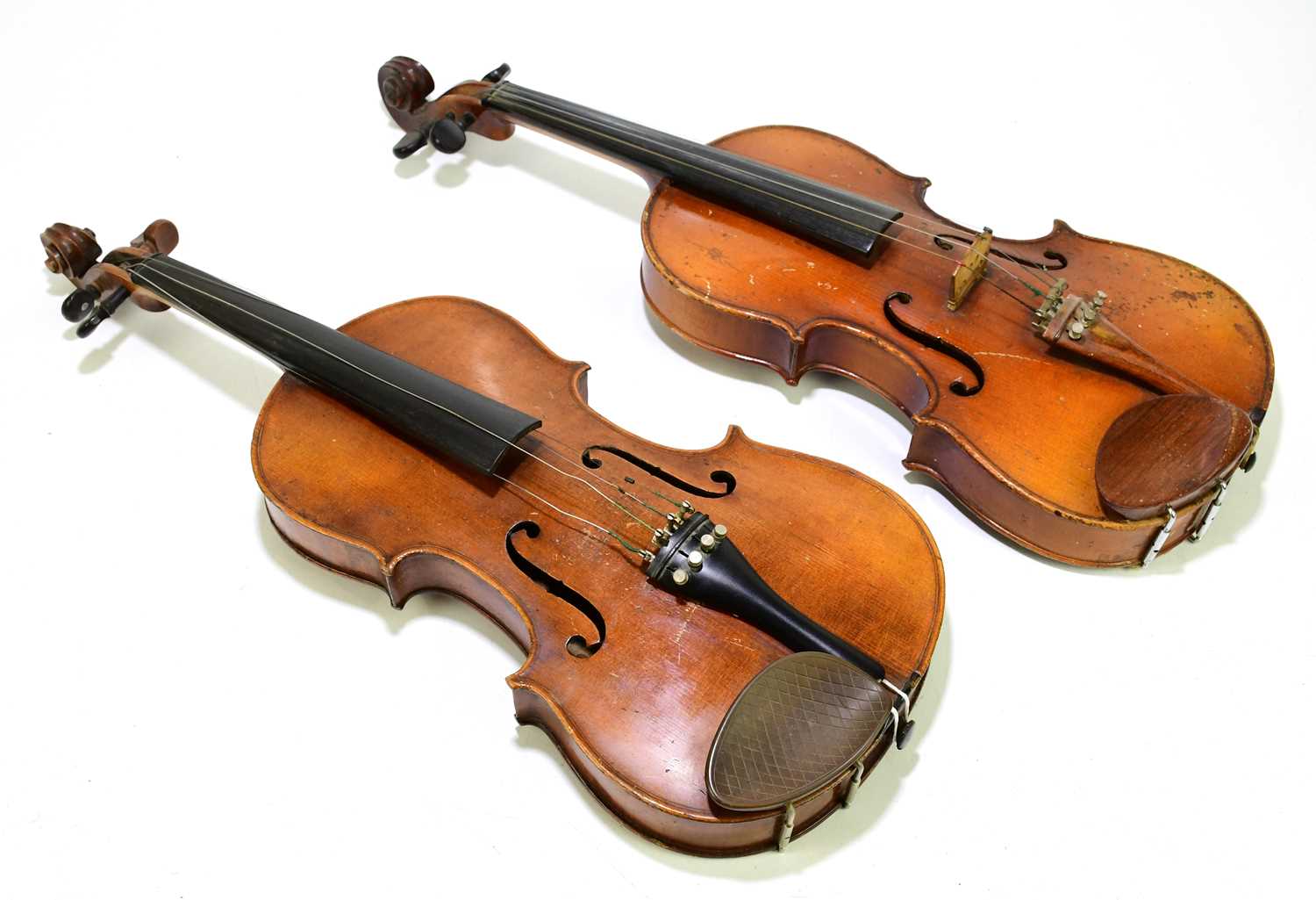 A full size German violin, Stradivarius copy, with two-piece back, length 35.5cm, with another