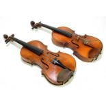 A full size German violin, Stradivarius copy, with two-piece back, length 35.5cm, with another