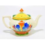 CLARICE CLIFF; an octagonal shaped teapot in the 'Crocus' pattern, factory mark to the underside,