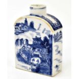 An 18th century Chinese blue and white porcelain tea caddy, the arched top with cylindrical neck,