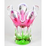 JOSEF HOSPODKA; a contemporary Bohemian glass vase with a milk glass rim in shades of cranberry,