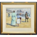 † TOM DURKIN (1928-1990); oil on board, figures on a beach with bathing huts, signed lower right, 49