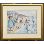 † TOM DURKIN (1928-1990); oil on board, figures on a beach with houses beyond, signed lower left, 39