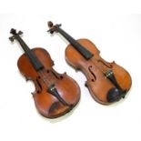 A full size English two-piece back violin, 36cm, together with a further one-piece back violin (2)