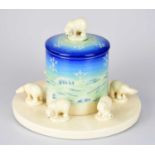 SALLY TUFFIN FOR DENNIS CHINAWORKS; a limited edition preserve jar and cover on circular plinth