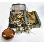 An assortment of 19th century and later brass, copper and silver plated items, to include a four