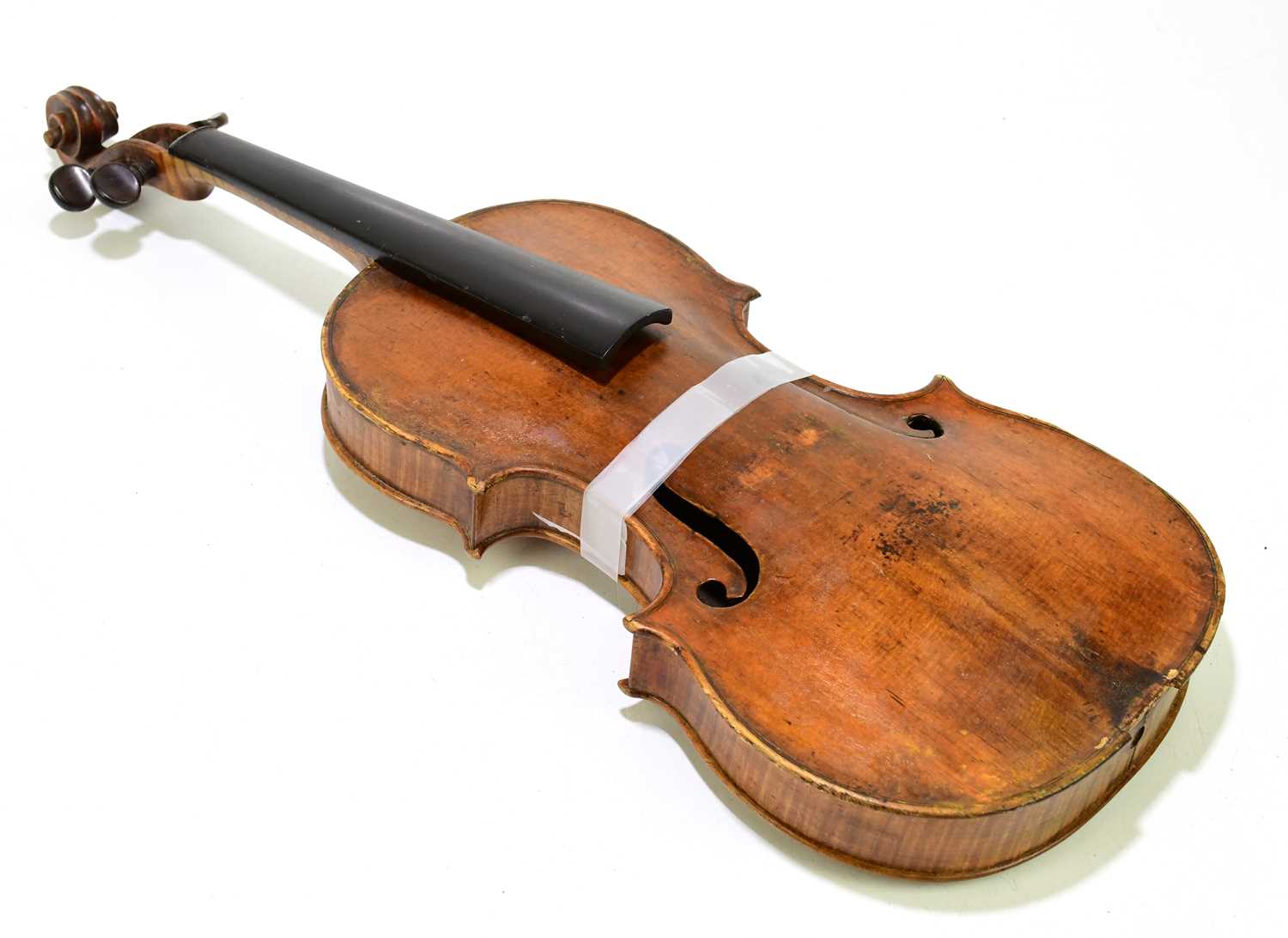 A full size violin for restoration, probably French, with one-piece back, length 35.5cm.Condition