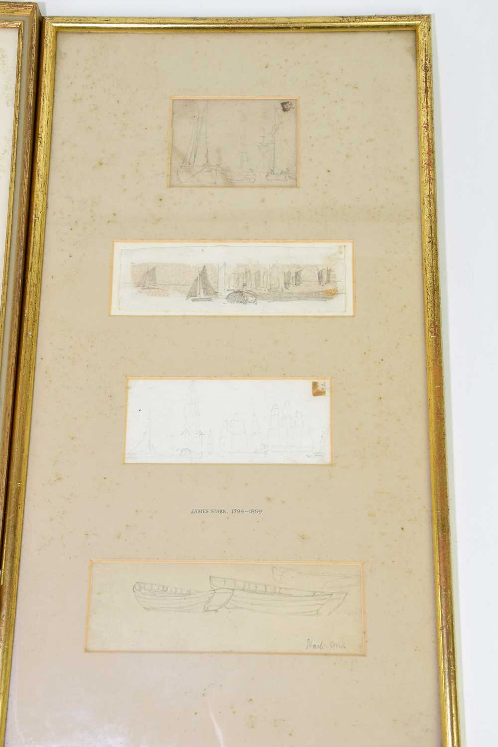 ATTRIBUTED TO JAMES STARK (1794-1859); four pencil drawings framed as one, studies of boats, the - Image 2 of 4