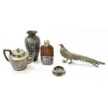 Five pieces of silver plate, comprising a golfing themed hip flask, chrysanthemum decorated vase,