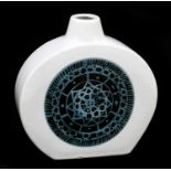 ANN LEWIS FOR TROIKA POTTERY; a white flask with stylised decoration to each side, signed 'Troika