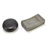 An ebony snuff box together with further pewter snuff box (2).