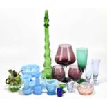 A small collection of coloured glass including two moulded blue glass vases, height 15cm, a