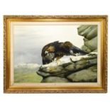 † REX FLOOD; oil on board, eagle upon a crag with snow capped mountains in the distance, signed