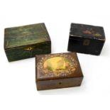 A group of three painted work boxes, one decorated with birds.Condition Report: All three in need of