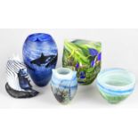 Five pieces of contemporary Art Glass, including a vase of ovoid form decorated with floral