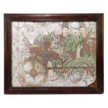 A Chinese painted panel, depicting a female figure in chariot with attendant figures, 36cm x 46cm,