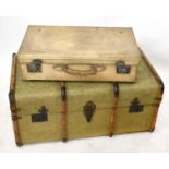 A green canvas and wood travel trunk, height 40cm, length 87cm, depth 50cm, together with two