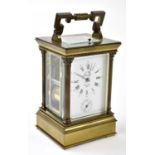 L'EPEE; a French lacquered brass repeating alarm carriage clock, the enamel dial with Roman numerals