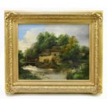 19TH CENTURY BRITISH SCHOOL; oil on canvas, thatched cottage beside river and waterfall scene,