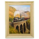 † J L CHAPMAN; oil on board, locomotive and carriages over viaduct, signed and dated '68, 50 x 37cm,