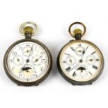 Two base metal crown wind calendar pocket watches, each with four subsidiary dials including moon