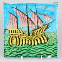 WILLIAM DE MORGAN; an Art Pottery tile painted with a four masted galleon ship, in shades of purple,
