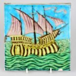 WILLIAM DE MORGAN; an Art Pottery tile painted with a four masted galleon ship, in shades of purple,