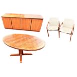 X A Danish rosewood table, six chairs and sideboard, comprising oval table with two leaves, height