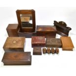 A quantity of 19th century and later treen items to include a 19th century mahogany tea caddy,