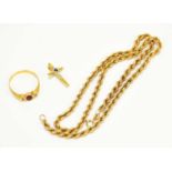 A yellow metal rope link necklace, stamped 375, length 41cm, together with an 18ct diamond and