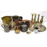 A collection of Eastern and European metalware, to include a large Indian copper mug, height 18cm,