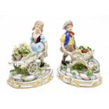 A pair of ceramic Italian figures, one depicting boy pushing vegetable cart, the other depicting
