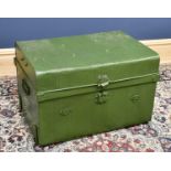 A green painted tin trunk, height 47cm, depth 49cm, length 70cm.