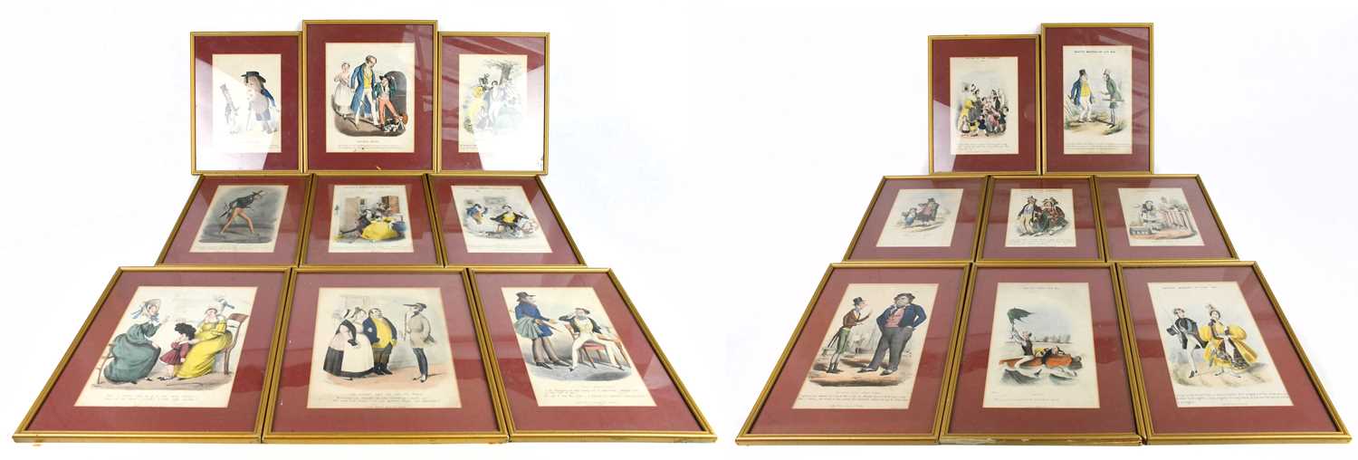 A group of seventeen circa 1800s cartoon engravings, 18 x 28cm, all framed and glazed.