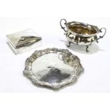 A hallmarked silver twin handled sugar bowl, Birmingham 1904, with a hallmarked silver card tray,