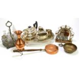 A small collection of assorted silver plate, to include a galleried tray, a tea service, a condiment