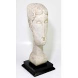 AFTER AMEDEO MODIGLIANI; a contemporary sculpture, 'Tete', on black plinth base, overall height