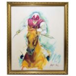 † JACQUELINE JONES ; oil on canvas, jockey on horseback, signed and indistinctly dated, possibly '