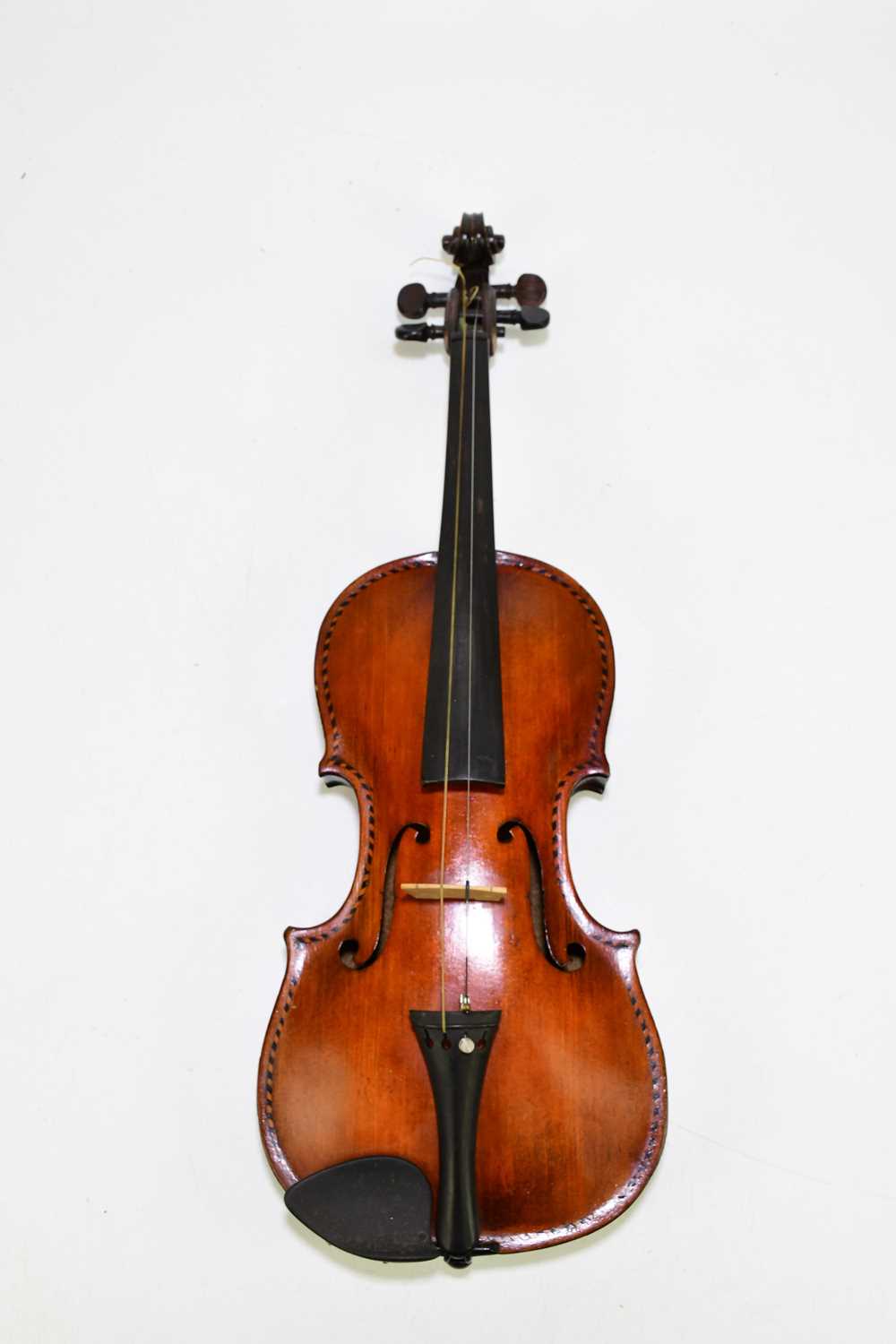 A full size German violin with inlaid decoration and one-piece back, length of back 35cm, cased. - Image 2 of 10